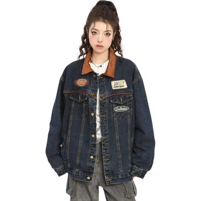 邓大喵 美式复古高街男女春秋季机车潮牌翻领宽松刺绣夹克上衣牛仔外套 男女同款