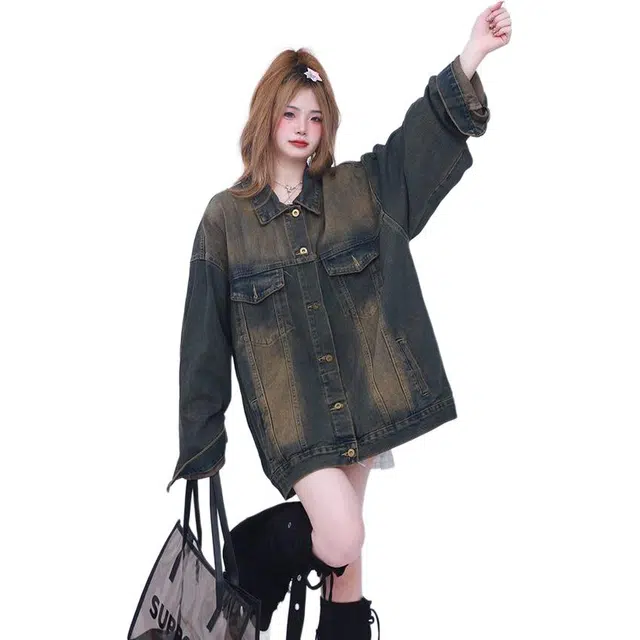 邓大喵 美式复古高街重工水洗做旧女宽松衣情侣夹克上衣牛仔外套 男女同款