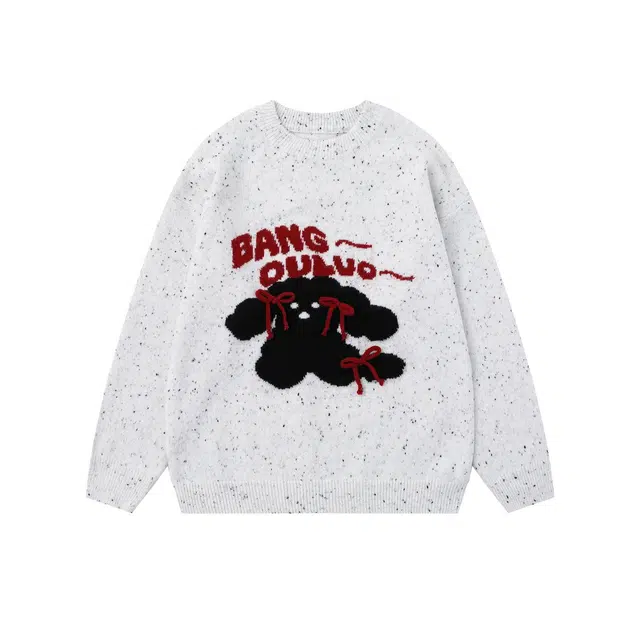 奇迹街区 美式复古趣味可爱蝴蝶结小狗提花小众设计感宽松慵懒风日系百搭潮流舒适休闲软糯情侣圆领套头长袖针织衫 男女同款