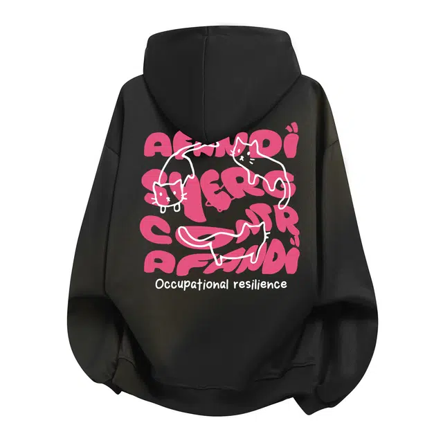 阿凡迪 美式高街复古手绘猫咪多巴胺字母印花校园百搭户外通勤亲肤舒适宽松休闲长袖落肩套头重磅华棉连帽卫衣 男女同款