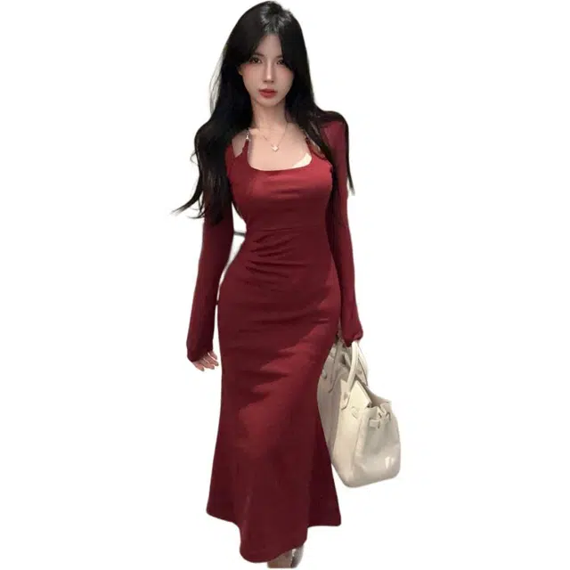 天才小熊 春秋季法式设计感挂脖收腰显瘦包臀鱼尾裙气质长裙纯欲性感蕾丝约会战袍御姐长袖连衣裙 女款