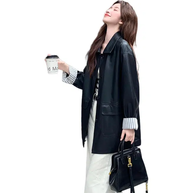 稻草人 甜酷风时尚休闲条纹翻袖设计夹克皮衣外套 女款