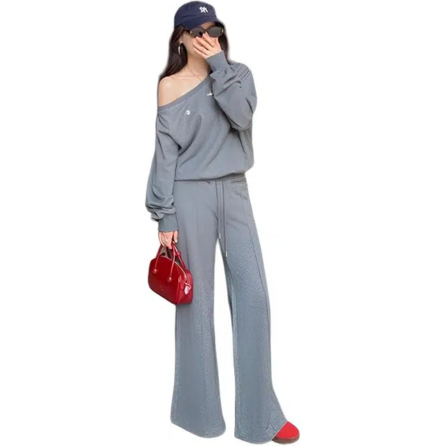 丝絮丝绸 秋季韩系松弛感露肩宽松两件套休闲套装 女款