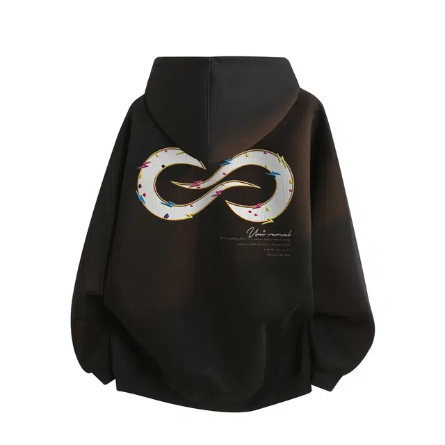 物质公式 美式复古高街重磅仿万针刺绣轻奢无限循环字母印花宽松百搭休闲运动舒适简约时尚基础款高级感潮流开衫长袖连帽卫衣外套 男女同款