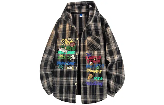 宜而爽 美式潮流街头手绘卡通趣味小图画彩色字母印花撞色格纹设计宽松休闲时尚百搭慵懒风舒适透气单排扣长袖连帽开衫衬衫外套 男女同款