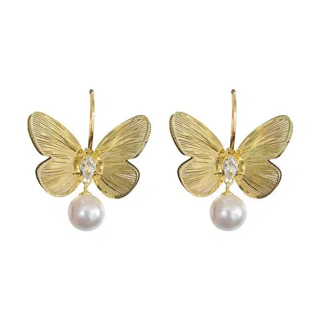 澜耀 气质金色蝴蝶珍珠 轻奢高级感时尚优雅耳饰#好运 合金 耳环 女款