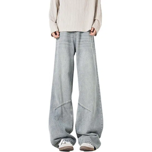 佐菲利 美式水洗做旧高街百搭宽松阔腿潮牌褶皱拼接长裤牛仔裤 男女同款