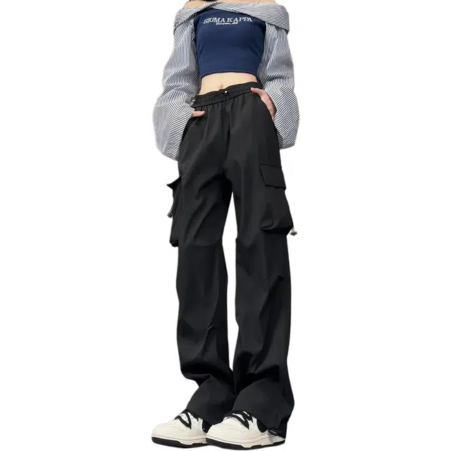 欧迪芬 多口袋工装裤女直筒抽绳束脚春秋季宽松大码防风防水伞兵裤休闲裤 男女同款