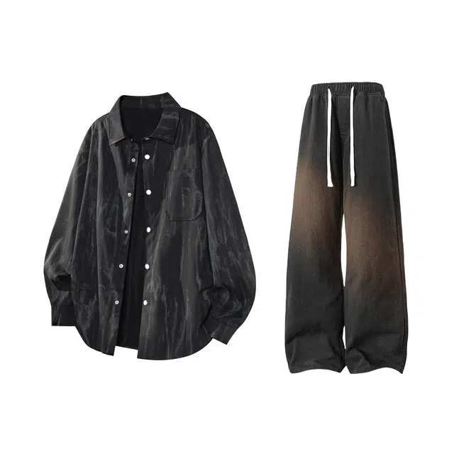 【扎染翻领脏脏开衫裤子一套】布客行 纯色晕染点缀大码百搭长袖外套抽绳松紧腰口水洗做旧阔腿牛仔通勤长裤衬衫套装 男女同款