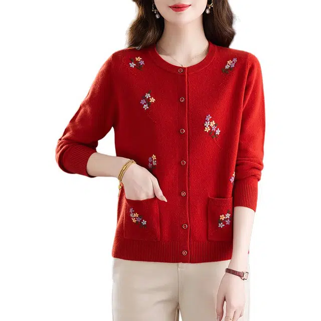 袋鼠 圆领设计简约时尚精致绣花成熟淑女羊毛衫秋冬针织衫 女款