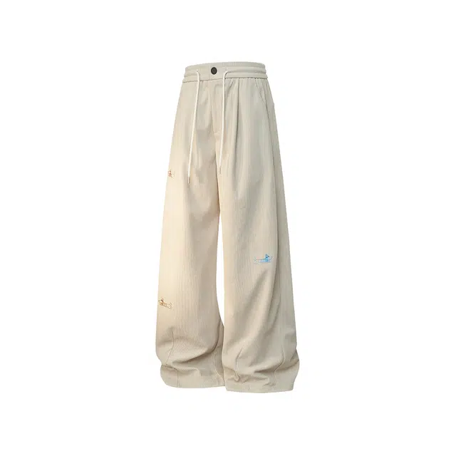 哲源 美式复古学院风直筒长裤简约纯色灯芯绒腊肠狗刺绣设计感裤子潮牌百搭松弛垂感阔腿休闲裤 男女同款