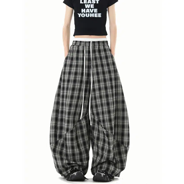柏黛妃 美式覆古慵懒风百搭格子裤女爵士舞双腰头拼接宽松阔腿长裤子休闲裤 女款