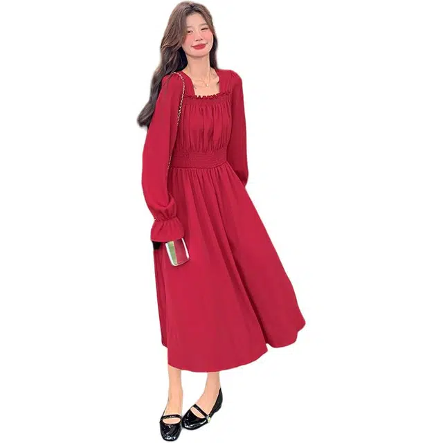 袋鼠 礼服法式复古气质温柔浪漫显瘦超仙长裙长袖连衣裙 女款