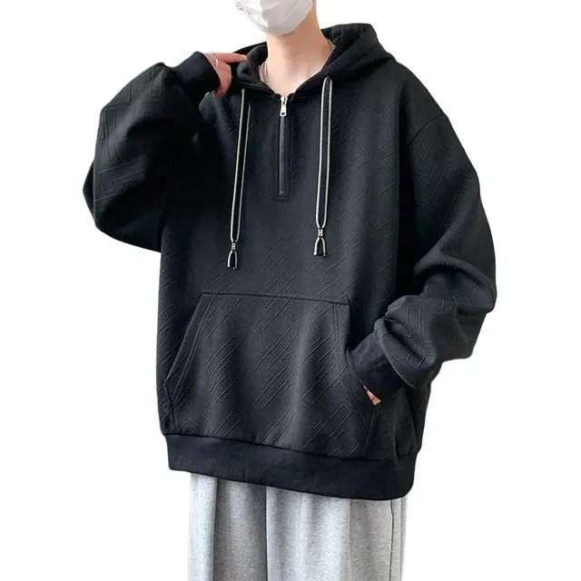 左岸 春秋青少年港风时尚潮牌休闲宽松简约长袖连帽半拉链上衣百搭帅气穿搭舒适加肥加大码提花肌理感条纹卫衣 男款