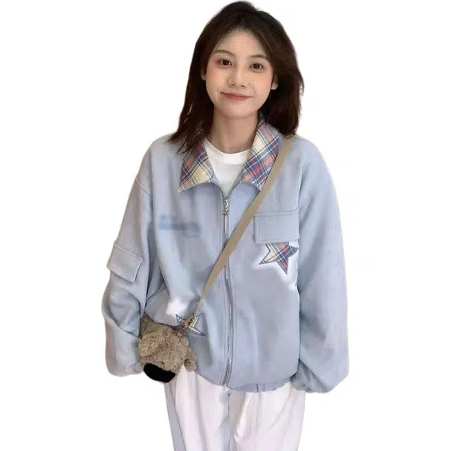 邓大喵 美式潮牌多巴胺星星刺绣翻领夹克女秋季学院风开衫潮牛仔外套 男女同款