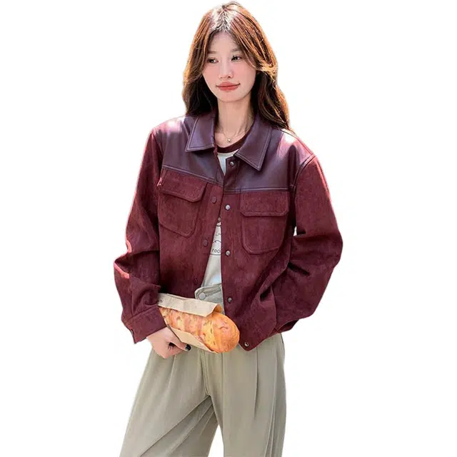 邓大喵 安可拉红皮衣外套女春秋短款仿鹿皮港风拼接上衣夹克 女款