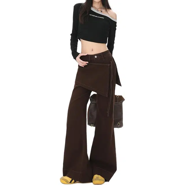 如续 美式复古假两件屁帘微喇高腰显瘦阔腿喇叭裤牛仔裤 女款