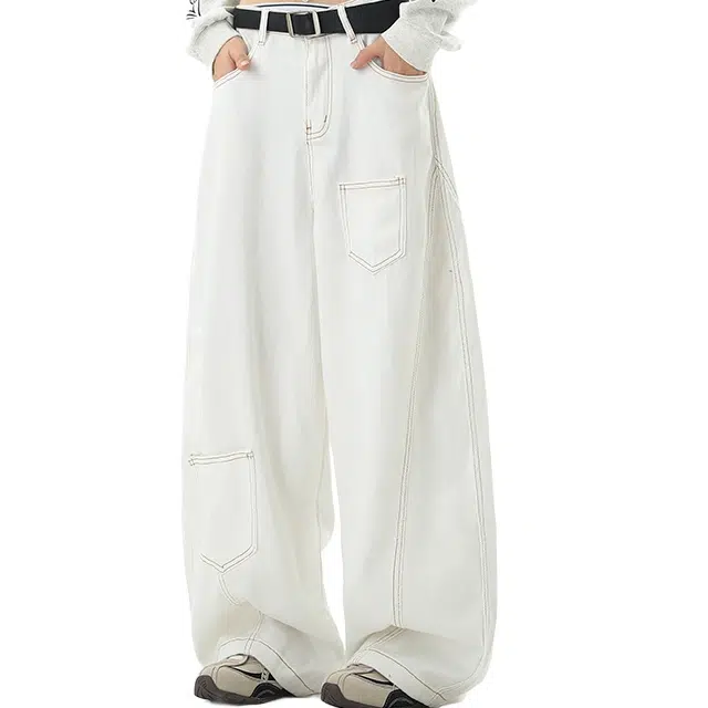 加荣 日常通勤复古舒适秋季美式高街多口袋纯色简约明线解构设计弯刀裤宽松兼具垂感牛仔裤 男女同款