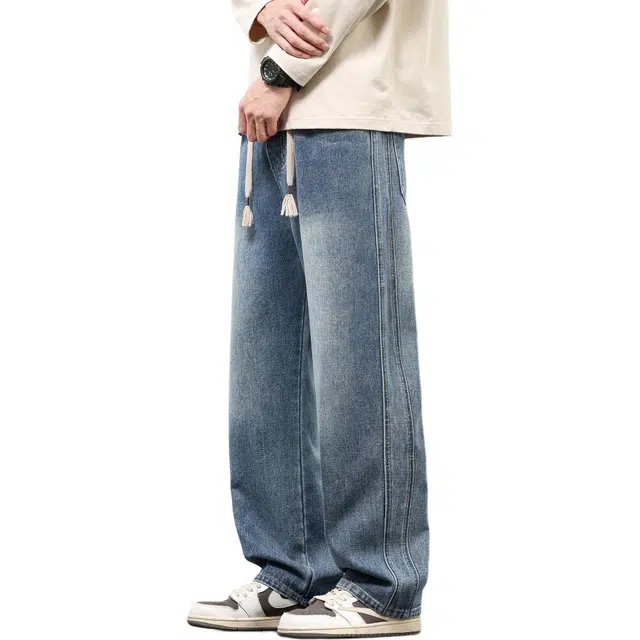 瑞梵帝斯 美式复古高街潮牌基础抽绳系带自然磨白水洗微弹直筒版型通勤上课懒人穿搭公式极简无冗余设计时尚牛仔裤 男款