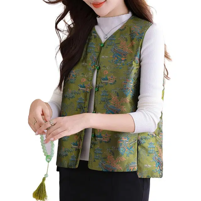 缪斯的诱惑 时尚优雅气质洋气减龄一衣两穿单排扣复古提花缎面拼接丝绒马夹百搭开衫上衣简约休闲外套叠搭背心双面穿圆领新中式国风马甲 女款