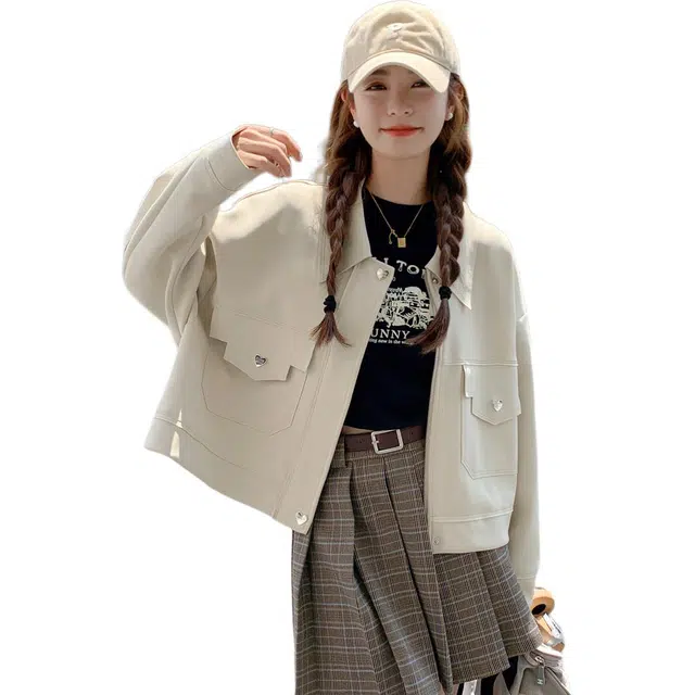 小卷要加油 法式米白色短款棒球服外套女春秋港风小个子休闲短潮夹克 女款