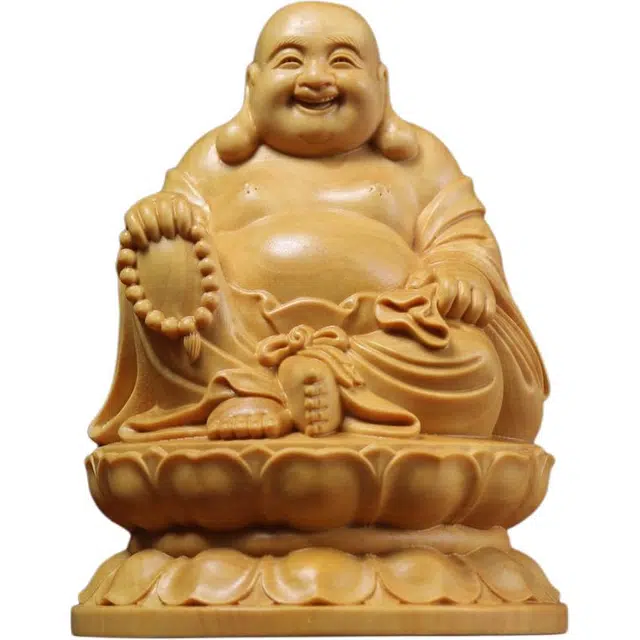 得笙陌 坐莲弥勒佛笑佛新中式新居装饰车摆转运国潮好运 黄杨木 木作摆件 男女同款情侣款