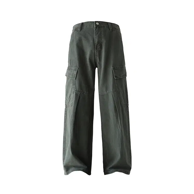 半空山 美式高街复古水洗做旧解构拼接褶皱高级感设计工装大口袋宽松百搭日常通勤直筒牛仔裤 男女同款