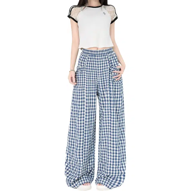 如续 韩系慵懒风百搭舒适宽松阔腿长裤潮流个性松弛垂坠感拖地格纹天丝休闲裤 女款