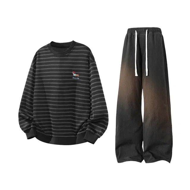 【腊肠小狗刺绣打底衫牛仔裤一套】布客行 美式潮牌圆领长袖条纹百搭港风卫衣抽绳水洗复古做旧阔腿通勤长裤休闲运动套装 男女同款