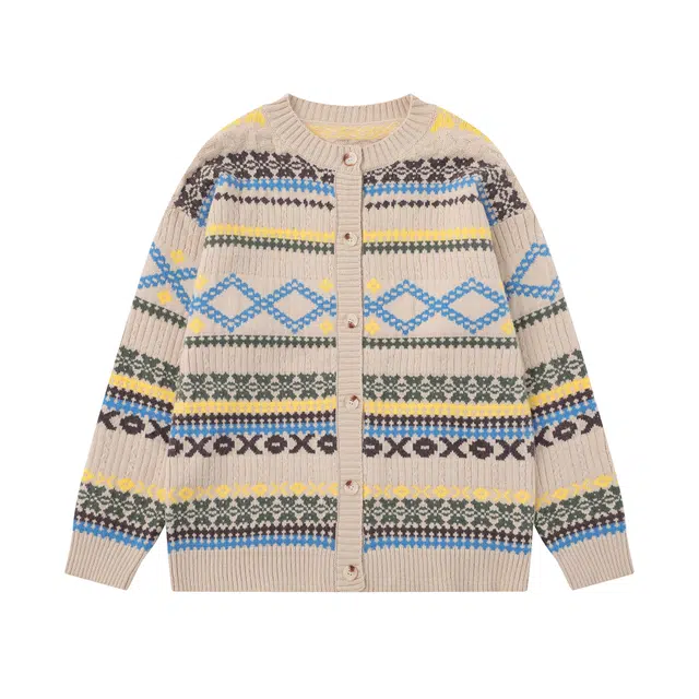 奇迹街区 美式费尔岛复古设计感宽松休闲小众民族风撞色慵懒高级感开衫外套时尚百搭情侣潮流上衣纽扣长袖针织衫 男女同款