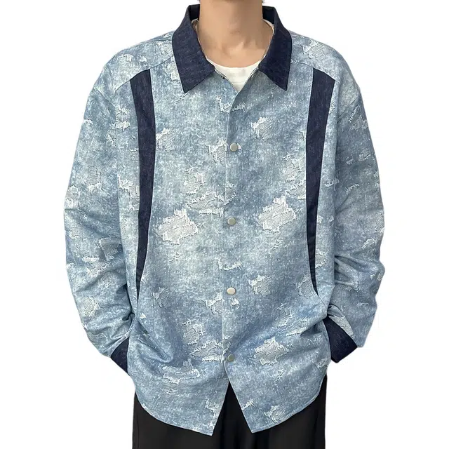 左岸 港风潮流百搭春秋开衫印花上衣休闲宽松舒适衬衣撞色拼接潮牌老钱风衬衫 男款