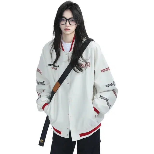 邓大喵 重工刺绣美式复古机车服防风外套女设计感小众宽松夹克棒球服 男女同款