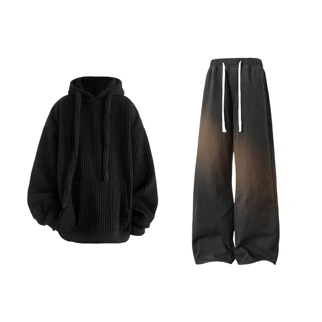 【灯芯绒连帽纯色开衫裤子一套】布客行 美式复古抽绳落肩高街大码百搭长袖外套阔腿牛仔通勤长裤卫衣套装 男女同款