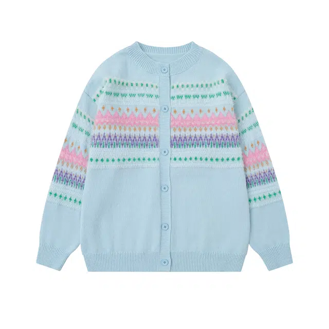 奇迹街区 费尔岛撞色美式复古设计感百搭休闲宽松慵懒日常情侣时尚开衫上衣高级感外套个性圆领长袖针织衫 男女同款