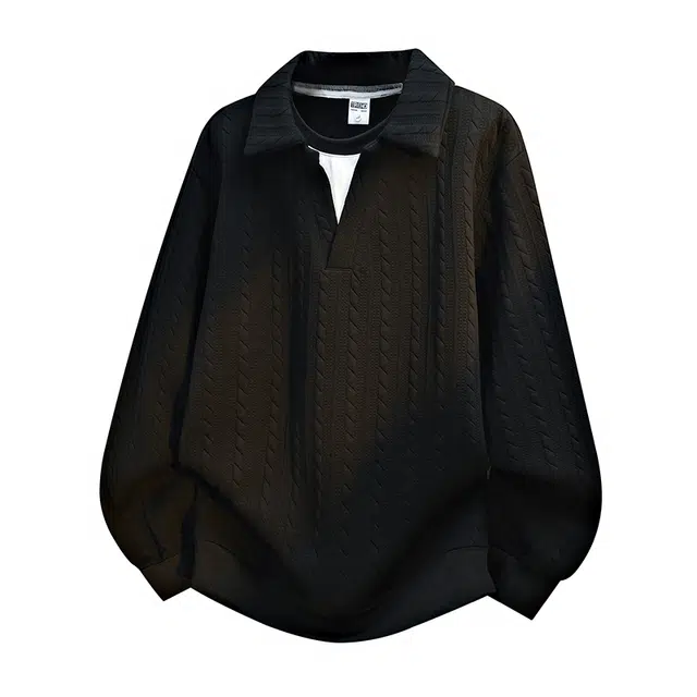 左岸 青少年港风时尚潮牌休闲宽松简约长袖翻领上衣百搭帅气穿搭舒适加肥加大码外衣提花肌理感春秋卫衣 男款