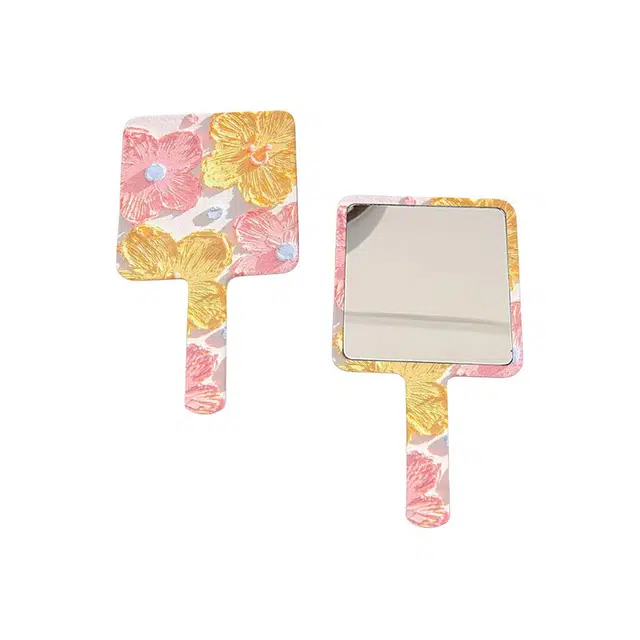 格安诺花朵手持镜便携化妆镜随身镜手柄镜塑料补妆镜桌面小镜子手提镜子高清镜面 手柄镜