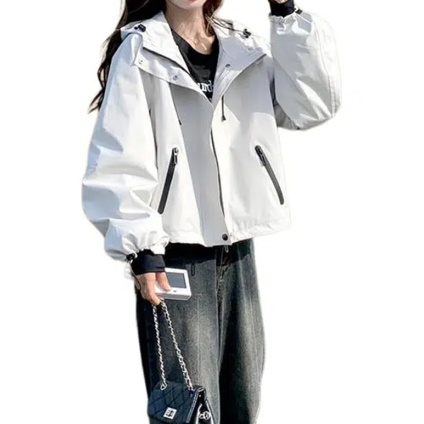 小卷要加油 拼色连帽短款高级感宽松夹克外套 女款