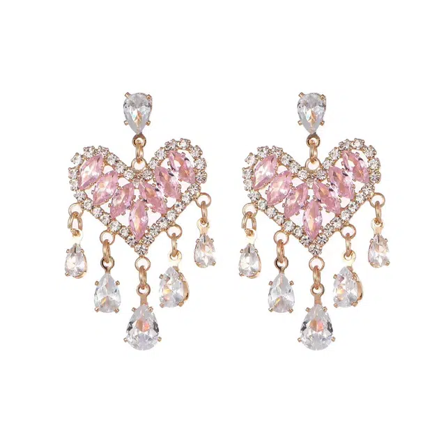 澜耀 粉色爱心 小众设计感超闪浪漫甜心优雅时尚耳饰 合金 耳环 女款