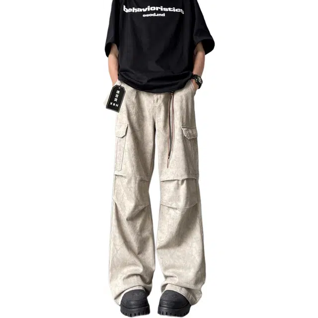 徐百货 美式复古伞兵裤大口袋伐木工装裤子直筒宽松微喇裤潮流百搭休闲裤 男女同款