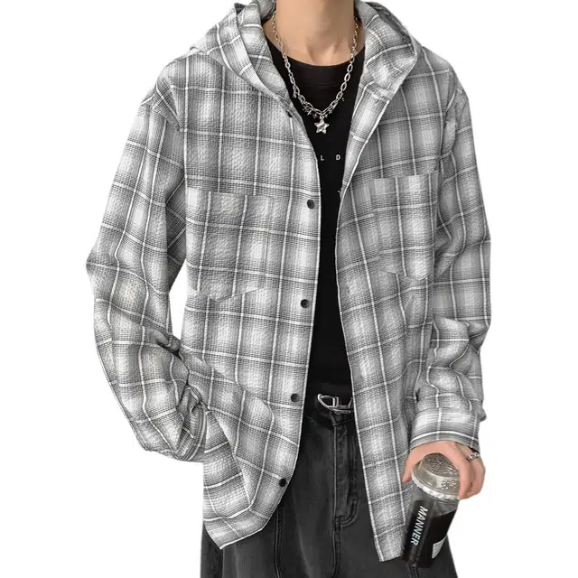 左岸 港风潮流百搭春秋连帽格子开衫上衣休闲宽松舒适衬衣潮牌老钱风衬衫 男款