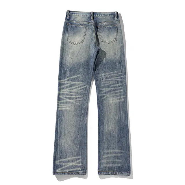 华夏儿女 美式高街大码闪电纹微喇长裤子休闲百搭潮流直筒裤男牛仔裤 男款