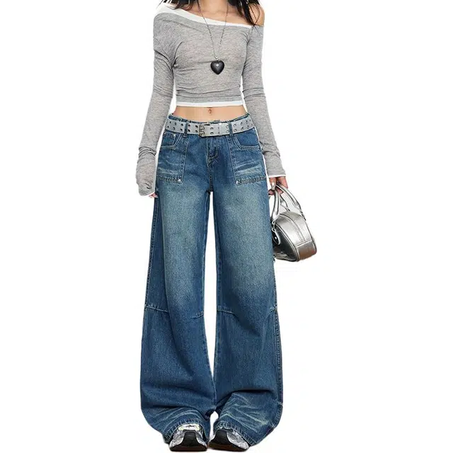 如续 复古水洗高腰直筒女小众显瘦宽松拖地裤长裤&加长牛仔裤 女款