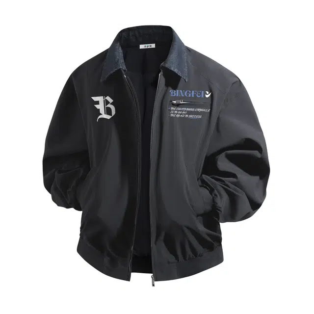 冰飞 美式潮流字母印花学院风无性别宽松休闲百搭设计感日常通勤翻领春秋季长袖夹克 男女同款