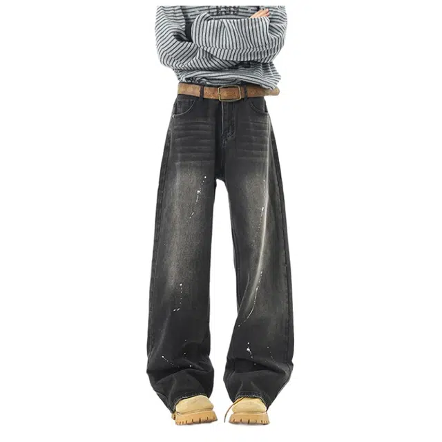 加荣 美式简约潮流男士款裤青少年痞帅泼墨设计感男牛仔裤春秋日常通勤舒适感男休闲裤嘻哈高街男工装裤宽松男士裤百搭男长裤 男女同款