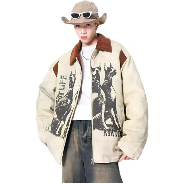 木木兔 美式复古做旧废土风工装外套潮牌宽松扎染印花情侣夹克 男款