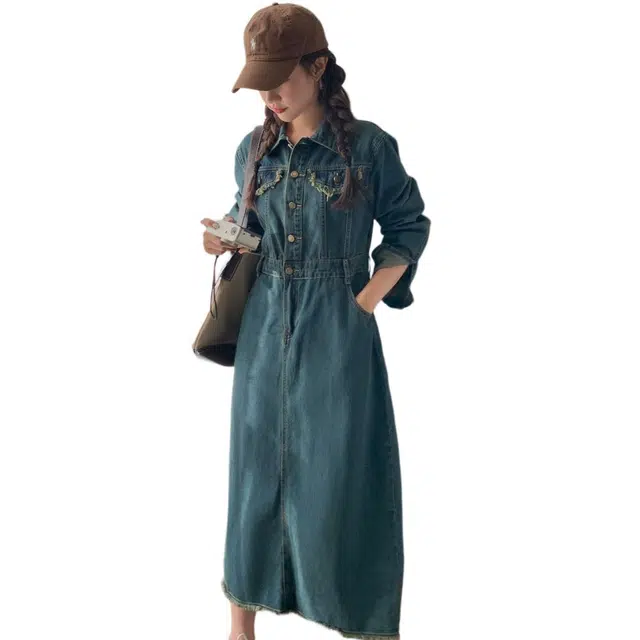 稻草人 休闲舒适收腰时尚百搭长袖连衣裙 女款