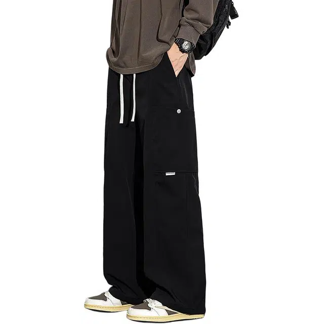 协协乐 高街机能风拼接设计感春秋季美式复古潮牌宽松直筒阔腿拖地裤百搭青少年运动痞帅休闲长裤工装裤 男款