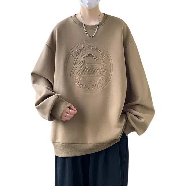 左岸 春秋青少年港风时尚潮牌休闲宽松简约立体字母印花长袖圆领上衣百搭帅气穿搭舒适加肥加大码卫衣 男款