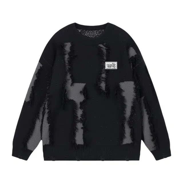 吾皇猫 美式复古高街简约基础款学院风圆领套头针织上衣潮流潮牌破洞乞丐长袖贴布打底衫休闲宽松时尚百搭痞帅慵懒风秋冬款毛衣 男女同款