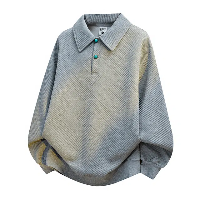 左岸 春秋青少年港风时尚潮牌休闲宽松简约长袖翻领上衣百搭帅气穿搭舒适加肥加大码外衣提花肌理感条纹卫衣 男款